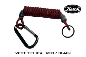 Red / Black Ketch Vest Tether for securing items to your PFD while kayak fishing.