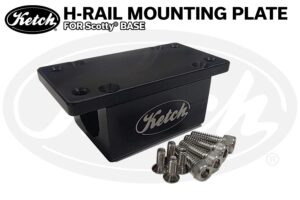 Ketch H-Rail Mounting Plate for Scotty Base shown partially assembled with the hardware in front.