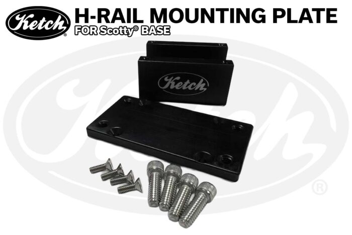 Ketch H-Rail Mounting Plate for Scotty Base showing the midnight black pieces and the hardware included.
