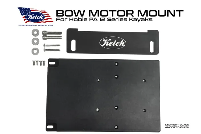Parts view product image of the Ketch Bow Motor Mount for Hobie Pro Angler 12 kayaks, featuring a midnight black anodized finish, precision 6061 machined aluminum construction, and promotional text highlighting its lightweight, low-profile, American-made design.