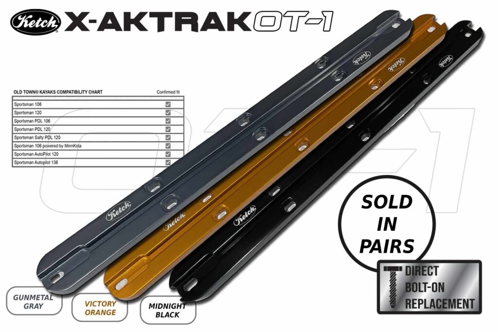 Ketch X-Aktrak OT-1 mounting rails in Gunmetal Gray, Victory Orange, and Midnight Black, shown with text noting they are sold in pairs as direct bolt-on replacements.