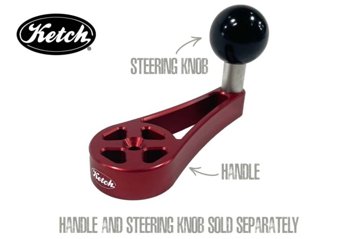 Ketch upgraded custom kayak parts, Hobie steering handle upgrade, aluminum with optional steering knob shown, anodized dark cherry red.