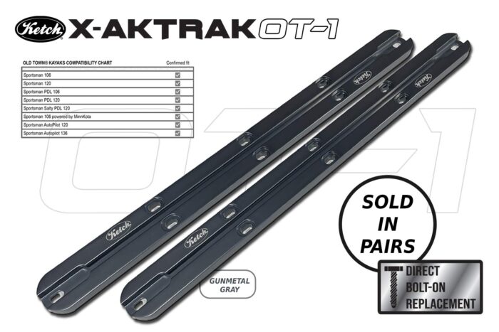 Ketch X-Aktrak OT-1 replacement aluminum t-tracks direct bolt-on upgrade for Old Town Kayaks, gunmetal gray