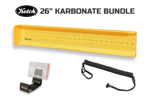 Ketch 26 inch Karbonate bundle, including Ketch Karbonate 26 inch fish measuring board, Ketch ID identification holder, and Ketch Board Tether to secure your board to your kayak.