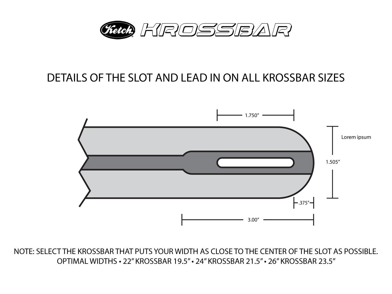 Detail view of the Ketch Krossbar end showing the dimensions of the slot as well as width and other measurements to help you choose the right Krossbar for your kayak.