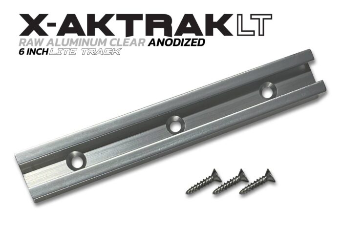 Raw aluminum clear anodized 6 inch X-Aktrak lite t-track accessory mounting solution for kayaks and other uses.
