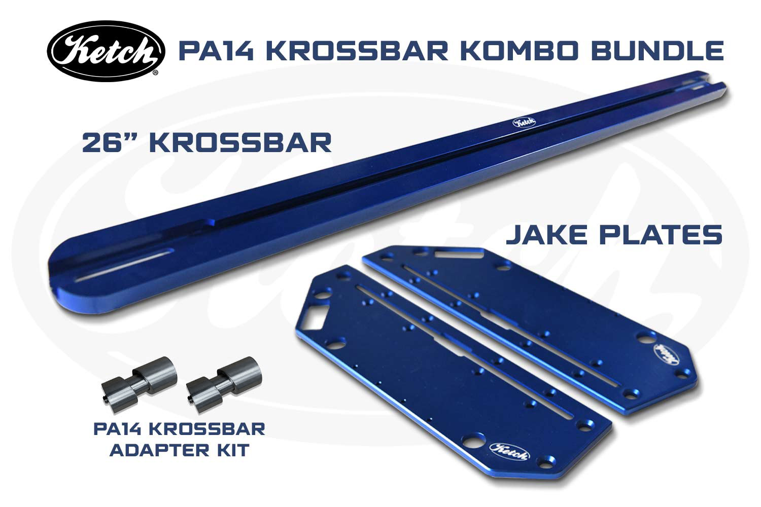 Ketch Krossbar Kombo Bundle incluing the 26" Krossbar, Jake Plates and Pro Angler 14 adapter kit for mounting dual graphs on your Hobie Pro Angler 14 kayak.