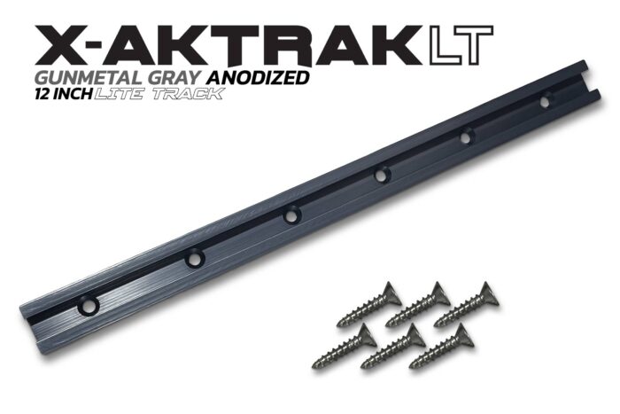 Gunmetal Gray aluminum anodized 12 inch X-Aktrak lite t-track accessory mounting solution for kayaks and other uses.