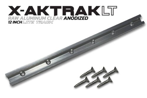 Raw aluminum clear anodized 12 inch X-Aktrak lite t-track accessory mounting solution for kayaks and other uses.