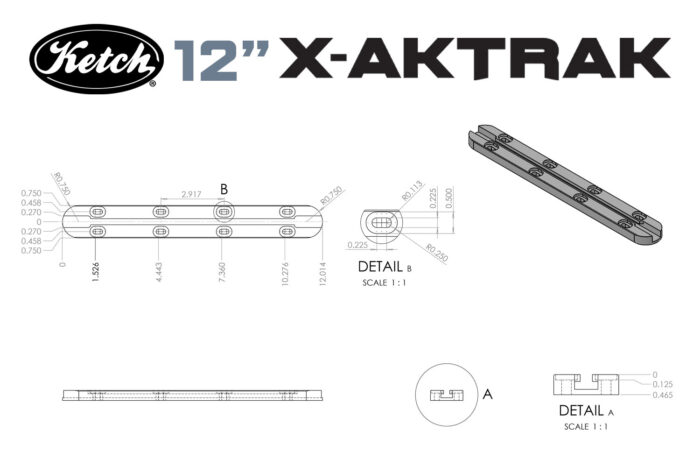 Diagram of Ketch 12 inch X-Aktrak Heavy Duty T-track mounting solution for kayaks and other applications.