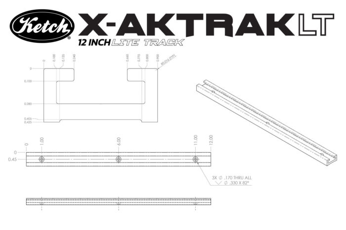 Diagram of 12 inch X-Aktrak Lite track t-track mounting solution for kayaks and other mounting applications.