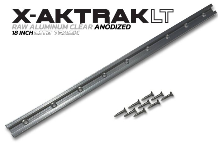 Raw aluminum clear anodized 18 inch X-Aktrak lite t-track accessory mounting solution for kayaks and other uses.