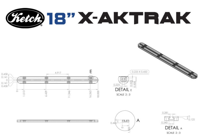 Diagram of the dimensions of Ketch X-Aktrak Heavy Duty 18 inch t-track mounting solution for kayaks and other uses.