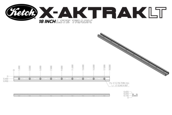 Diagram of dimensions of Ketch X-Aktrak LT 18 inch lite t-track mountable solution for kayaks and more.
