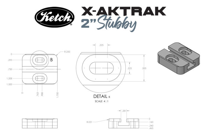 Diagram of the dimensions of Ketch X-Aktrak Heavy Duty 2 inch Stubby t-track solution for mounting accessories to your kayak or anywhere that t-track would be useful.