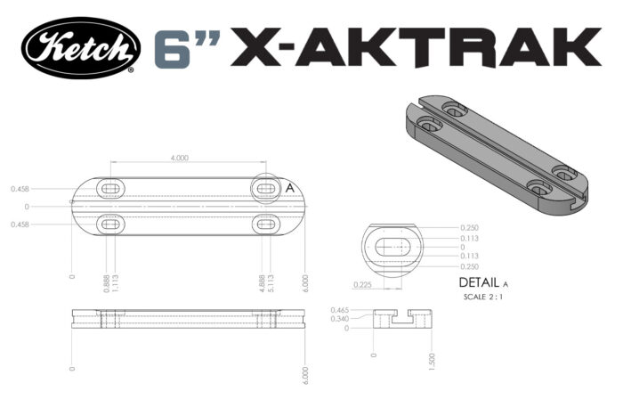 Diagram of Ketch X-Aktrak Heavy Duty 6 inch length t-track piece for mounting accessories to your kayak or anywhere else that t-track can be utilized.
