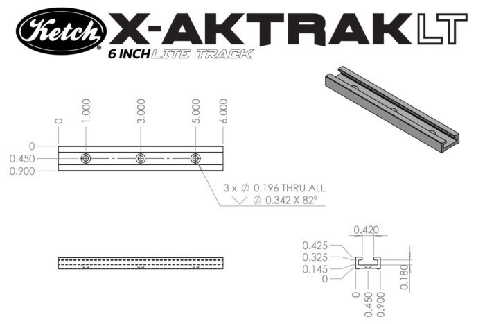 Diagram of Ketch X-Aktrak Lite 6 inch length T-track for mounting accessories to your kayak or other applications.