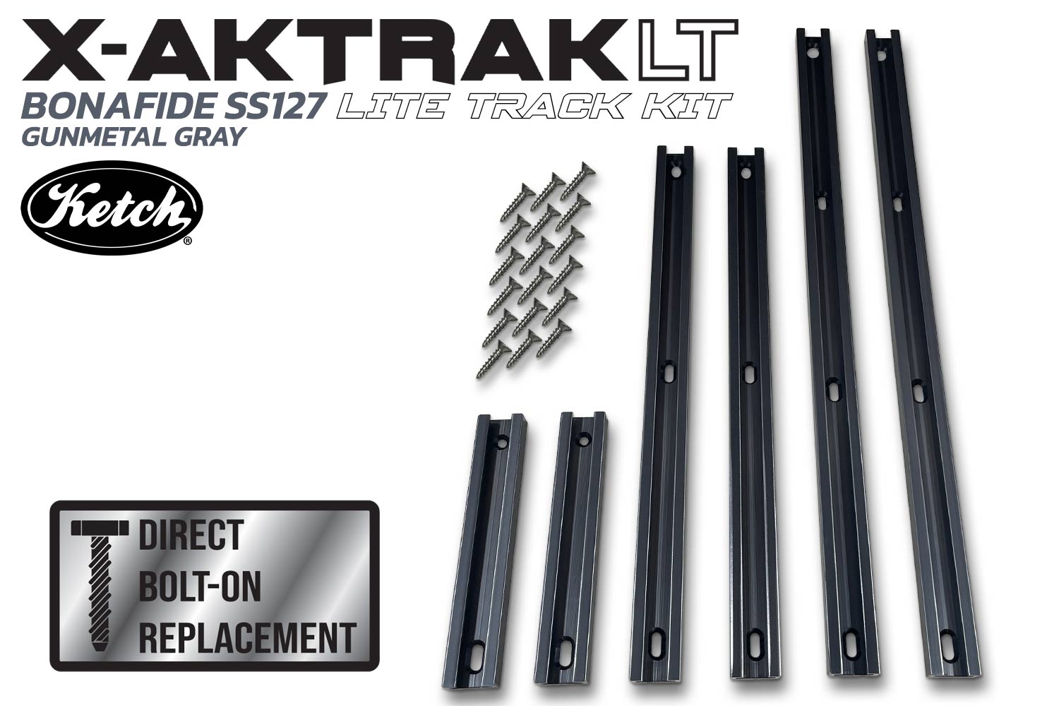 Full replacement kit of Ketch X-Aktrak lite for the Bonafide SS127 in the Gunmetal Gray color aluminum t-tracks.