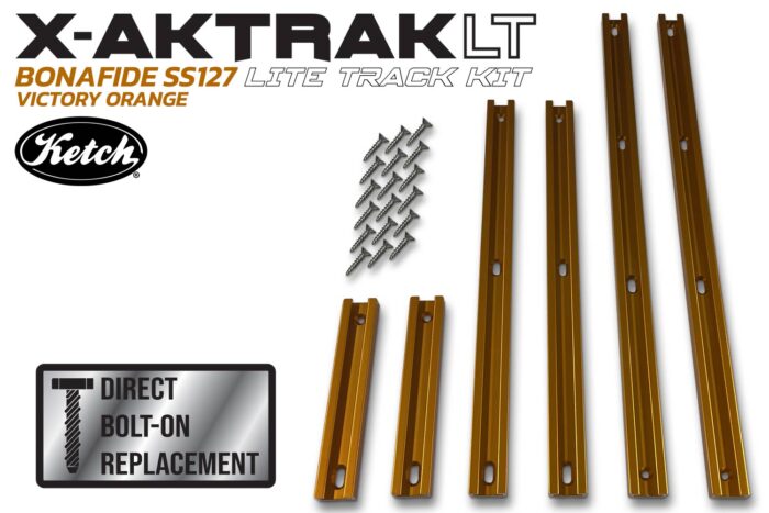 Full replacement kit of Ketch X-Aktrak lite for the Bonafide SS127 in the victory orange color aluminum t-tracks.