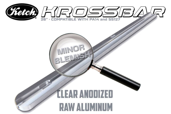 Ketch Krossbar with minor cosmetic blemishes in clear anodized raw aluminum in the 26" size for creating a place to mount dual graphs in front of a kayak.