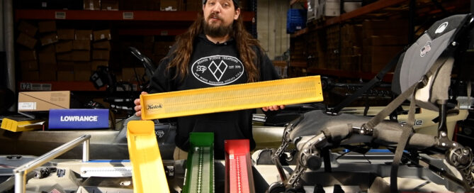 Duke holds a Ketch Karbonate 32 inch fish measuring board while discussing how to choose the right board.