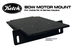 Ketch Bow Motor Mount for Hobie PA 14 Kayaks, shown in Midnight Black Anodized finish, made 100% in USA.