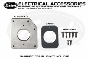 Ketch Electrical Accessories Mounting Plate for Bonafide PWR 129 kayaks pre-cut for Marinco 70A Receptacle and comes with Gasket and Mounting Hardware.
