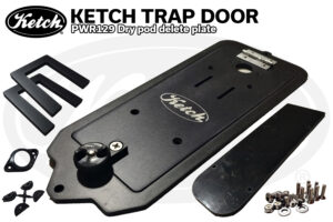 Ketch Trap Door for PWR129, a swing-away transducer Mount and dry pod delete plate shown with all included parts.