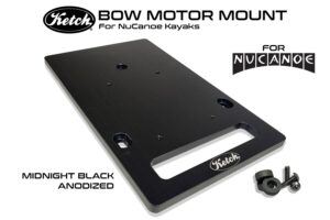 Ketch Bow Motor Mount for NuCanoe Kayaks shown in midnight black anodized color with hardware.
