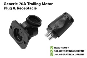 Black heavy-duty generic 70A trolling motor plug and receptacle set shown separately, with text indicating 30A and 70A operating current and checkmarks next to features.