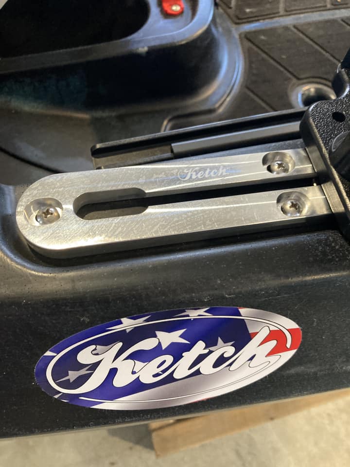 customershot-Andrew-Craig Ketch OT-1 X-Aktrak T-Track shown on blue/gray kayak with Ketch sticker on the side.