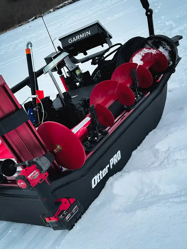 IceT-track-w Ice Sled with Ketch X-Aktrak Krossbars and HD installed in use while ice fishing.