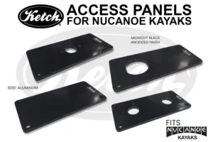 Overhead view of 4 Ketch Access Panels for NuCanoe kayaks on a white background.