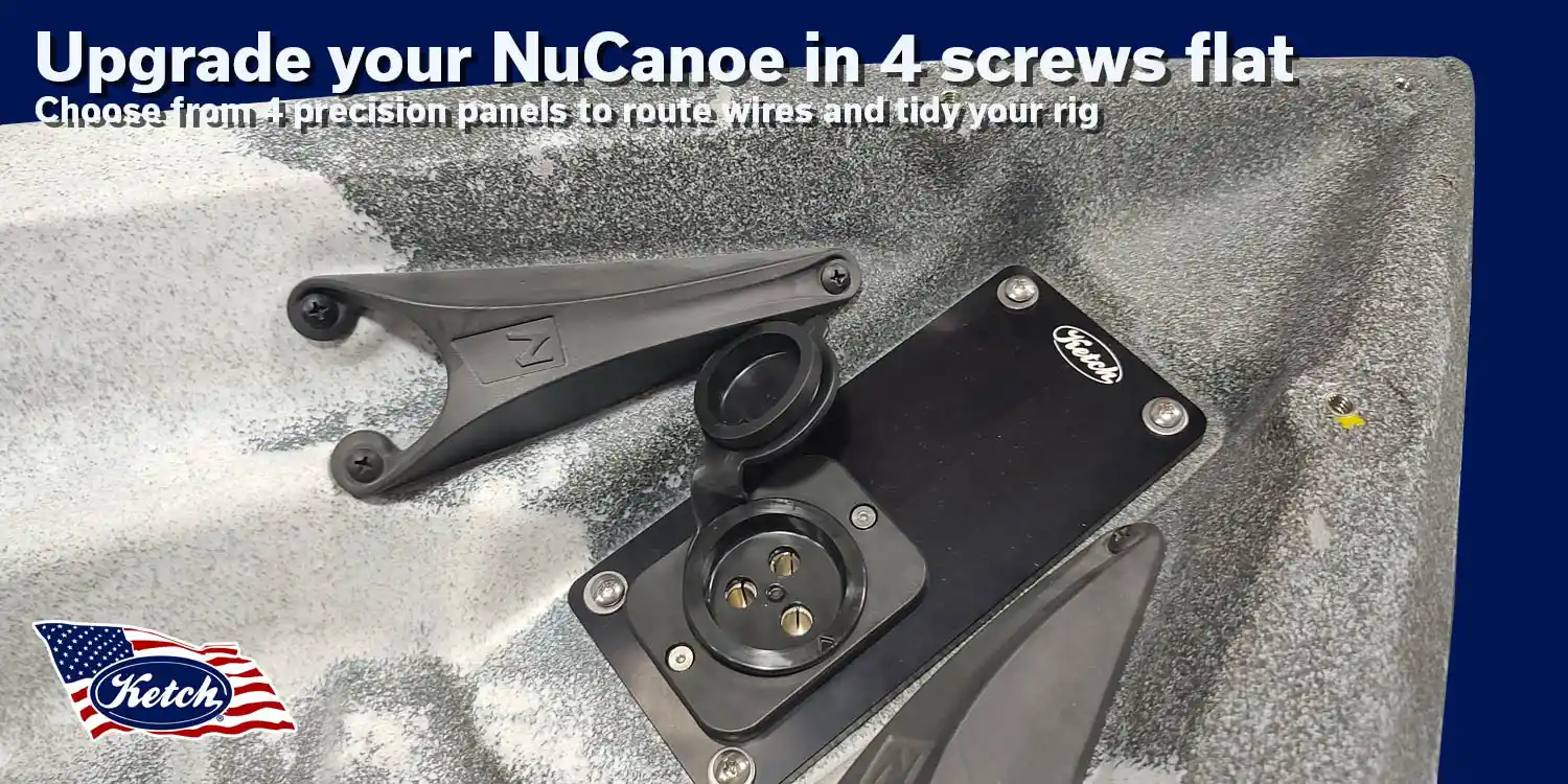 Ketch NuCanoe Access plate shown installed on a kayak with text about the product being new.
