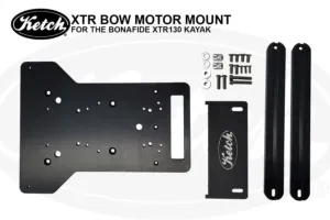 Product photo of the Ketch XTR Bow Motor Mount kit designed for the Bonafide XTR130 kayak. The image shows the main black anodized aluminum mounting plate with multiple pre-drilled holes, two support rails, a smaller Ketch-branded bracket plate, and a full hardware set including bolts, washers, and t-nuts, arranged neatly on a white background.
