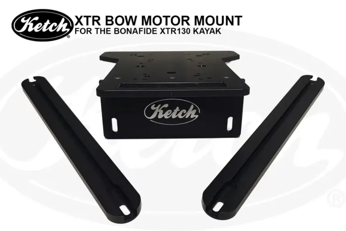 Angled product view of the Ketch XTR Bow Motor Mount kit for the Bonafide XTR130 kayak. The black anodized aluminum mounting plate with pre-drilled holes is shown attached to the Ketch-branded front plate, with two matching side support rails positioned on either side.