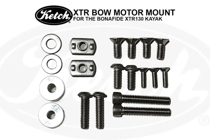 Hardware set included with the Ketch XTR Bow Motor Mount for the Bonafide XTR130 kayak. The kit features washers, T-nuts, and multiple sizes of black mounting bolts arranged neatly on a white background.