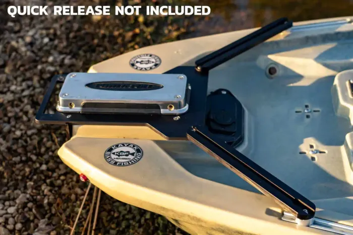 Overhead view of the Ketch bow motor mount installed on a kayak, showing dual support arms and mounting surface. Quick release bracket is pictured but not included.