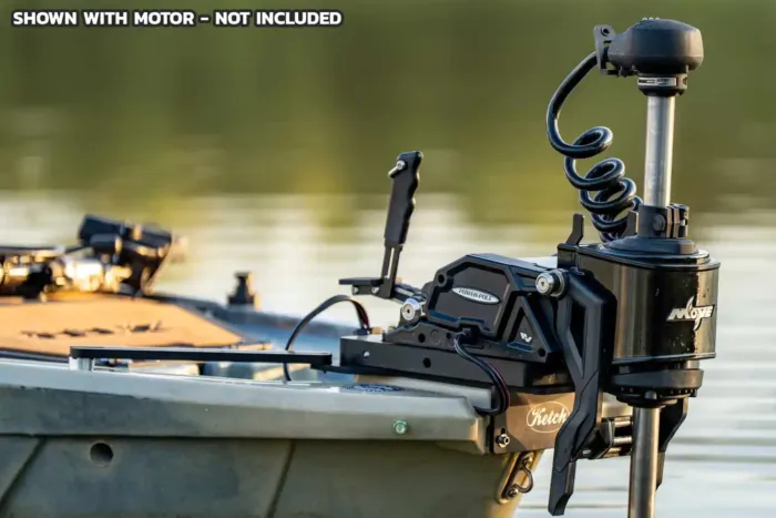 Side profile of a trolling motor installed on a Ketch bow motor mount at the front of a kayak, floating on calm water. Motor is shown for demonstration purposes only, not included.
