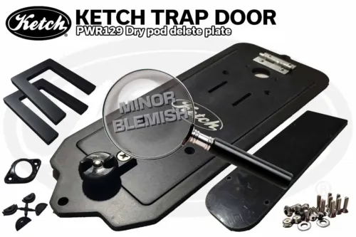Breakdown showing the included parts for the Ketch Trap Door Dry Pod Delete Plate for the Bonafide PWR 129 Kayak.