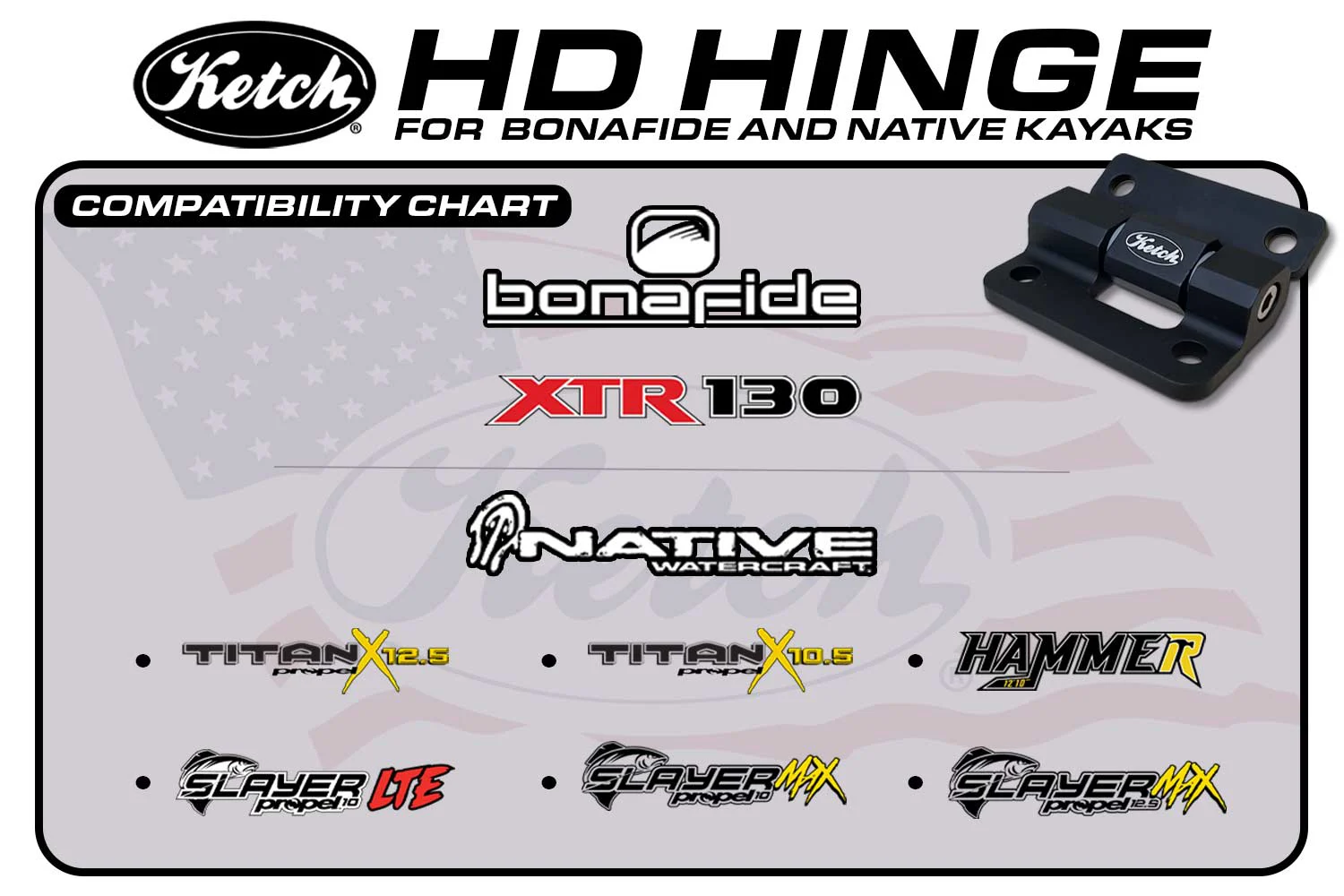 Ketch HD Hinges for Bonafide and Native Kayaks.